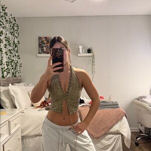 Olive Green Lace-Up Halter Top